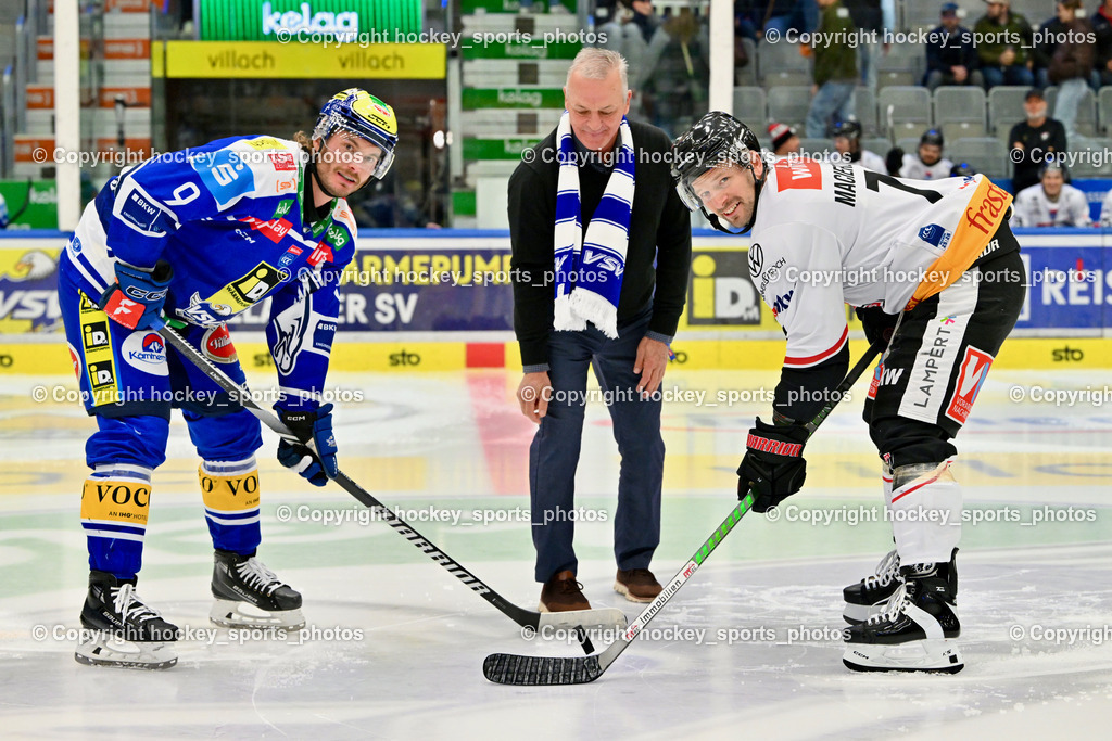 EC IDM Wärmepumpen VSV vs. Pioneers Vorarlberg | #9 Alexander Rauchenwald EC VSV, #71 Kevin Macierzynski Pioneers Vorarlberg, EC VSV Legende Tom Searl, EC IDM Wärmepumpen VSV vs. Pioneers Vorarlberg, EC IDM WÄRMEPUMPEN VSV vs. Pioneers Vorarlberg am 03.10.2025 in Villach (Stadthalle Villach), Austria, (Photo by Bernd Stefan)