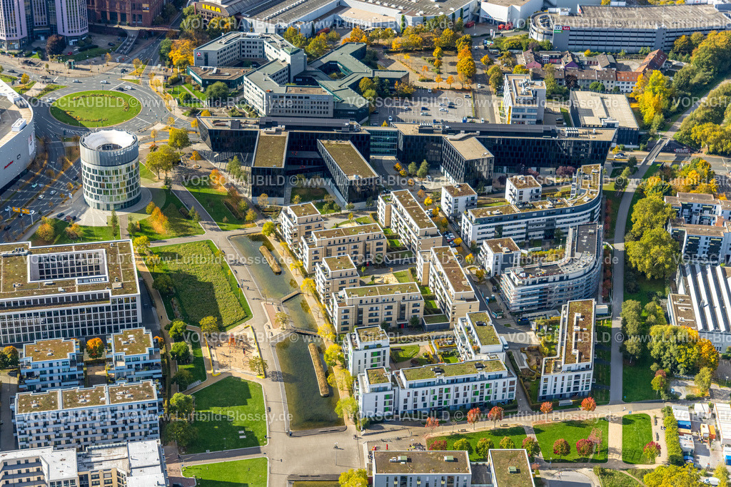 Essen251003451Mitte | Luftbild, Wohngebiet Grüne Mitte, Funke Mediengruppe Gebäude und Medienturm, Westviertel, Essen, Ruhrgebiet, Nordrhein-Westfalen, Deutschland