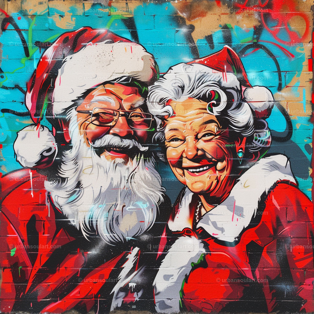 Santa And His Wife | Capture the holiday spirit with this vibrant urban-style artwork of Santa and Mrs. Claus. This colorful graffiti-inspired piece adds festive cheer to any space. - Realisiert mit Pictrs.com