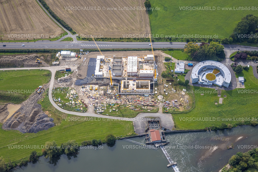 Froendenberg230902075 | Luftbild, Wasserwerke Westfalen GmbH am Fluss Ruhr, Baustelle mit Neubau, Halingen, Menden, Ruhrgebiet, Nordrhein-Westfalen, Deutschland