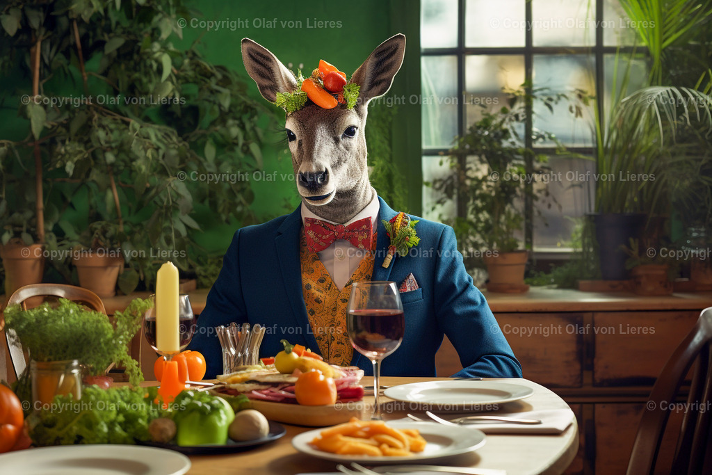 Reh beim Fressen | Reh im Restaurant mit Anzug
