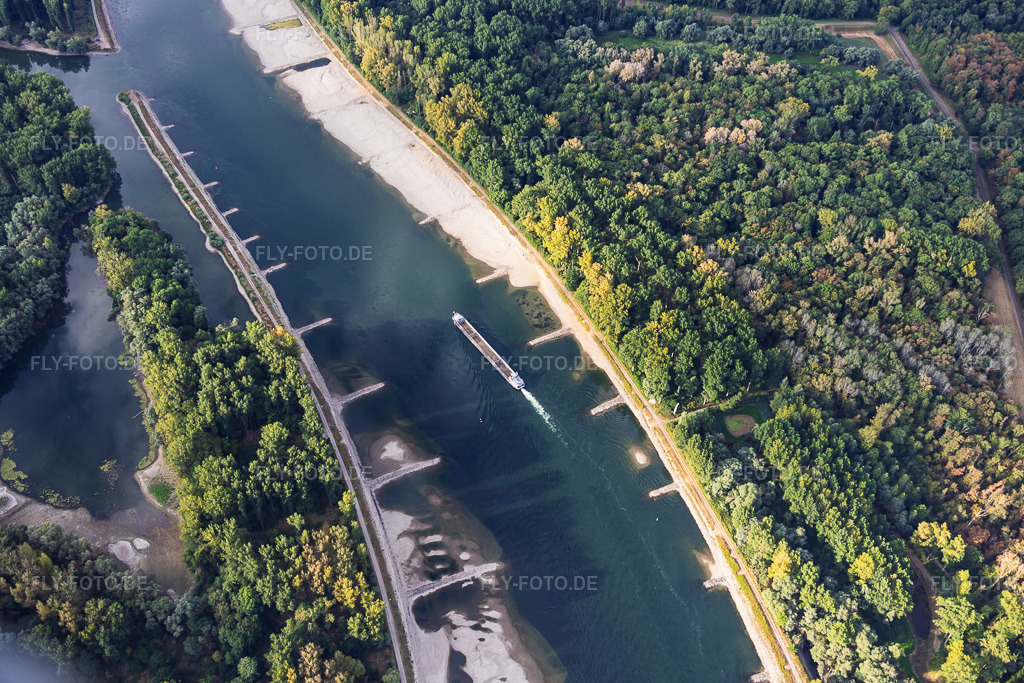 Luftbild: Leeres Frachtschiff bei Niedrigwasser am Rhein zwischen Hördter Rheinaue und Dettenheim in Hördt im Bundesland Rheinland-Pfalz in Deutschland. – Foto: IMG_158426.jpg vom 06.08.2026 durch Werner Riehm/FLY-FOTO.de – Auflösung des Originals: 6000 x 4000 px