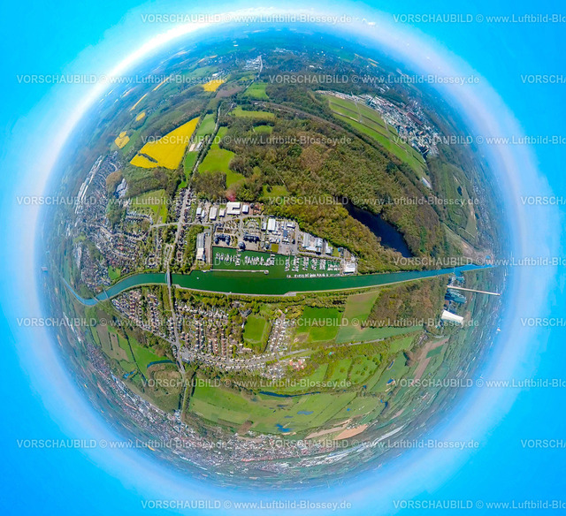 Bergkamen230490822MarinaRuenthe | Luftbild, Yachtafen Marina Rünthe,  Datteln-Hamm-Kanal, Beversee, Erdkugel, Fisheye Aufnahme, Fischaugen Aufnahme, 360 Grad Aufnahme, Rünthe, Bergkamen, Ruhrgebiet, Nordrhein-Westfalen, Deutschland