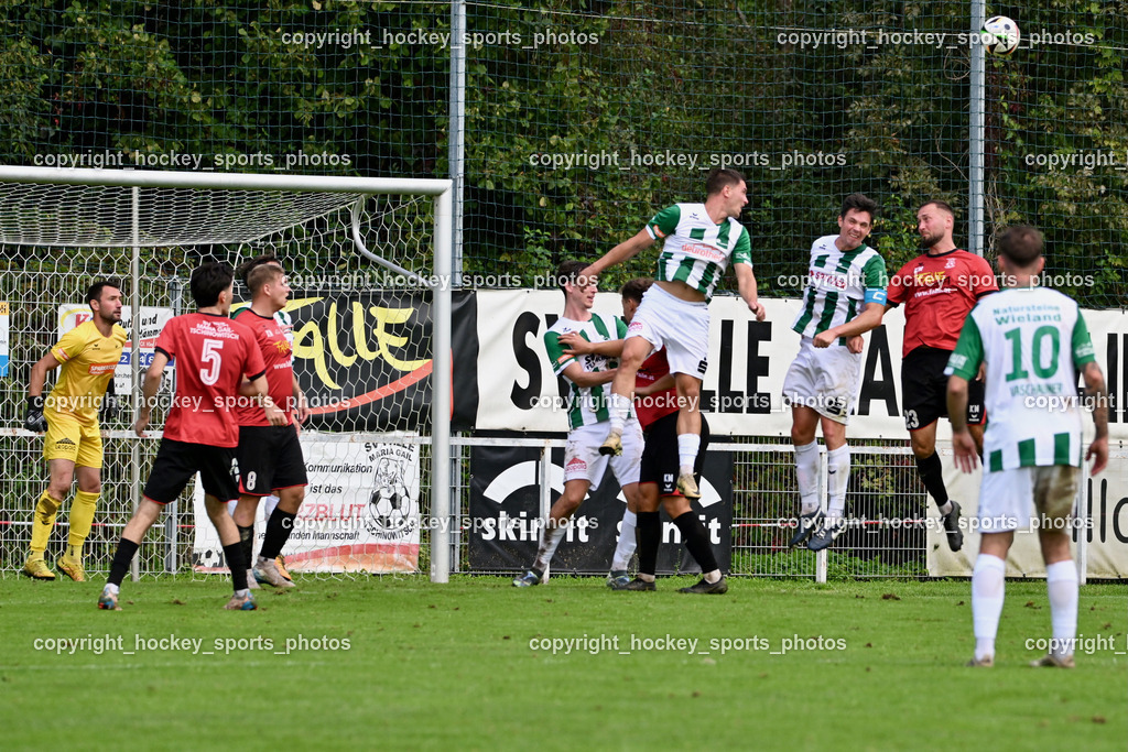 SV Falle Maria Gail vs. SV Feldkirchen | #1 Hans Joachim Thamer SV Feldkirchen, #5 Daris Omanovic SV Falle Maria Gail, #8 Raphael Kattnig SV Falle Maria Gail, #7 Tim Oman SV Feldkirchen, #26 Andreas Tiffner SV Feldkirchen, #23 Klemen Velic SV Falle Maria Gail, #10 Kevin Vaschauner SV Feldkirchen, SV Falle Maria Gail vs. SV Feldkirchen, SV Falle Maria Gail vs. SV Feldkirchen am 14.09.2025 in Villach (Sportplatz Maria gail), Austria, (Photo by Bernd Stefan)