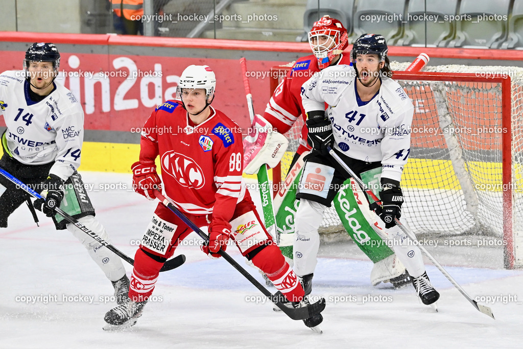 EC KAC Future Team vs. Die Adler Kitzbühl 7.10.2023 | #14 Niemelä Joonas Mikael EC Kitzbühel, #88 Klassek Thomas EC KAC FUTURE TEAM, #41 Szabad Kevin EC Kitzbühel, #75 Kropiunig Ralf EC KAC FUTURE TEAM, EC KAC Future Team vs. Die Adler Kitzbühl 7.10.2023, EC KAC Future Team vs. Die Adler Kitzbühl am 07.10.2023 in Klagenfurt (Messehalle Klagenfurt), Austria, (Photo by Bernd Stefan)