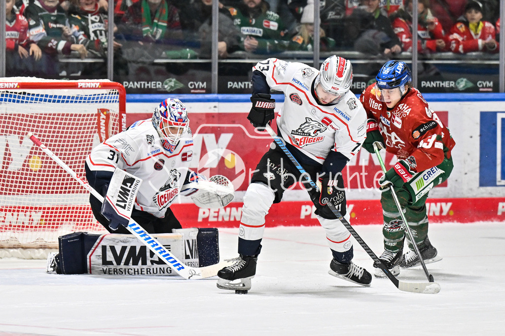 Augsburger Panther - Nürnberg Ice Tigers | AUGSBURG, GERMANY - 23. DECEMBER: v. l. Niklas TREUTLE (Nürnberg Ice Tigers 31), Roma KECHTER (Nürnberg Ice Tigers 73) und Tim WOHLGEMUTH (Augsburger Panther 33) während dem Match zwischen den Augsburger Panthern und den Nürnberg Ice Tigers am 31. Spieltag der Penny DEL im Curt Frenzel Stadion