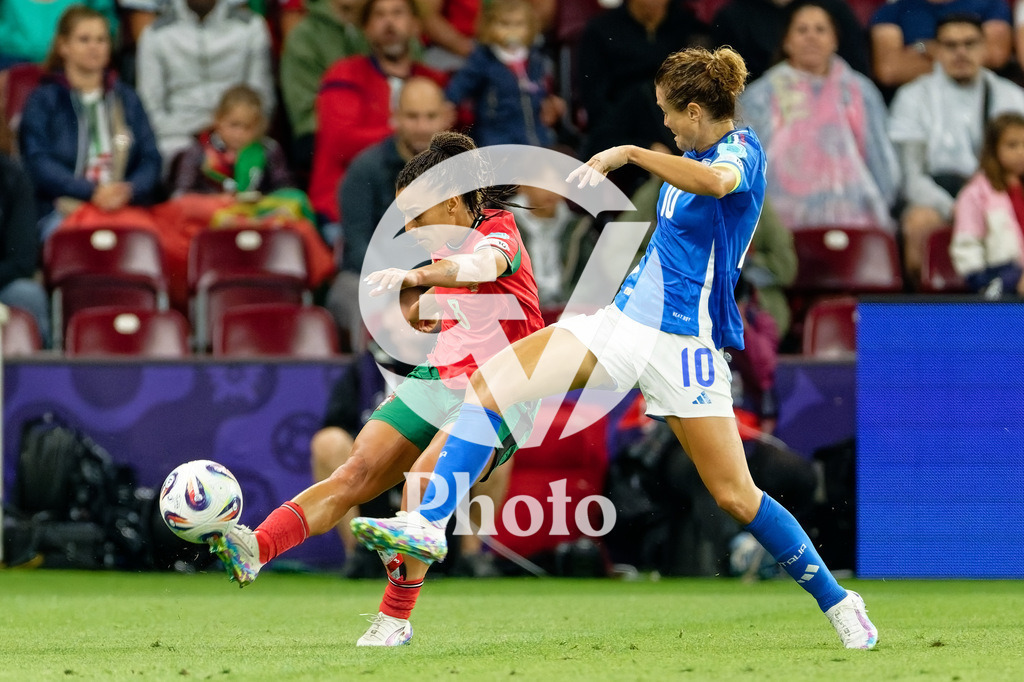 Portugal v Italy - UEFA Women's EURO 2025 Group B | GENEVA, SWITZERLAND - JULY 7:  Andreia Norton of Portugal (L) shoots  under pressure from Cristiana Girelli of Italy (R) during the UEFA Women's EURO 2025 Group B match between Portugal and Italy at Stade de Geneve on July 7, 2025 in Geneva, Switzerland. (Photo by Giuseppe Velletri/Sports Press Photo/Getty Images)