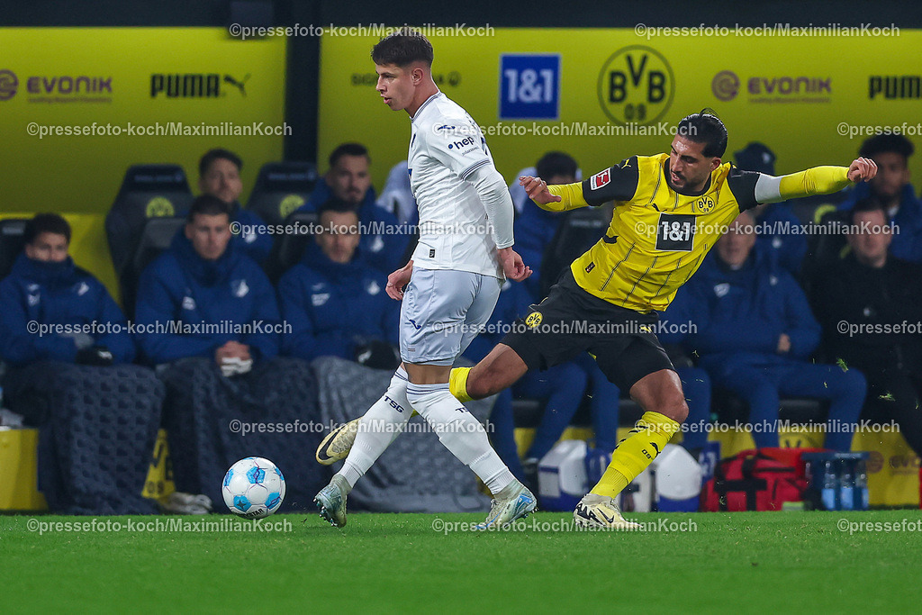 BVB15122402187 | 15.12.2024, Fußball, Borussia Dortmund - TSG 1899 Hoffenheim, 1. Fußball Bundesliga, 14. Spieltag, Signal Iduna Park, Saison 2024 2025: Adam Hlozek (Hoffenheim #23) gegen Emre Can (BVB #23)DFB regulations prohibit any use of photographs as image sequences and or quasi-video.
