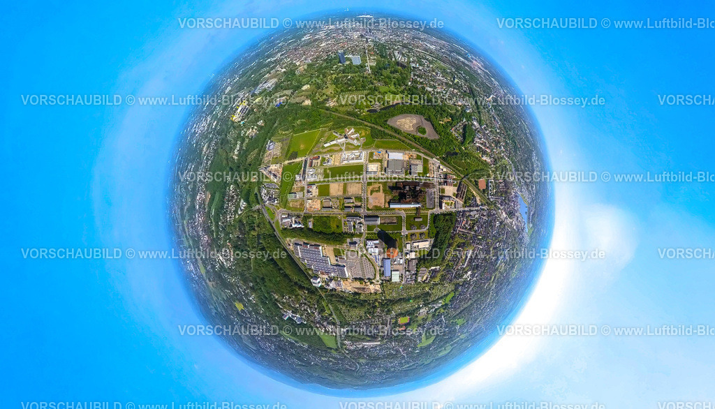 Dortmund230532004Phoenix-West-2 | Luftbild, Technologiepark Gewerbegebiet Phoenix West, Blick zum Westfalenpark und City, Erdkugel, Fisheye Aufnahme, Fischaugen Aufnahme, 360 Grad Aufnahme, Hörde, Dortmund, Ruhrgebiet, Nordrhein-Westfalen, Deutschland