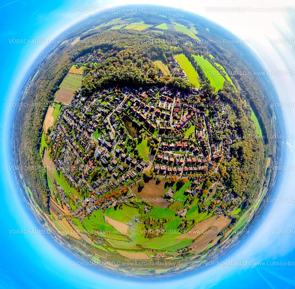 Selm241190506Cappenberg | Luftbild, Stadtzentrum und Ortsansicht Cappenberg Wohngebiet umgeben von Wald, Erdkugel, Fisheye Aufnahme, Fischaugen Aufnahme, 360 Grad Aufnahme, tiny world, little planet, fisheye Bild, Cappenberg, Selm, Ruhrgebiet, Nordrhein-Westfalen, Deutschland