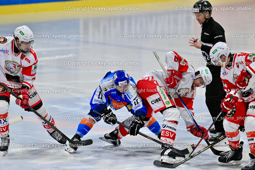 ESC Steindorf vs. ESV Ferlach  | UNTERWEGER Dominik Referee, #11 Kalan Luka ESC Steindorf, #81 Potocnik Kristof ESV Ferlach, #91 Alagic Adis ESV Ferlach, ESC Steindorf vs. ESV Ferlach , ESC Steindorf vs. ESV Ferlach  am 15.02.2026 in Steindorf (Ossiachersee Halle), Austria, (Photo by Bernd Stefan)