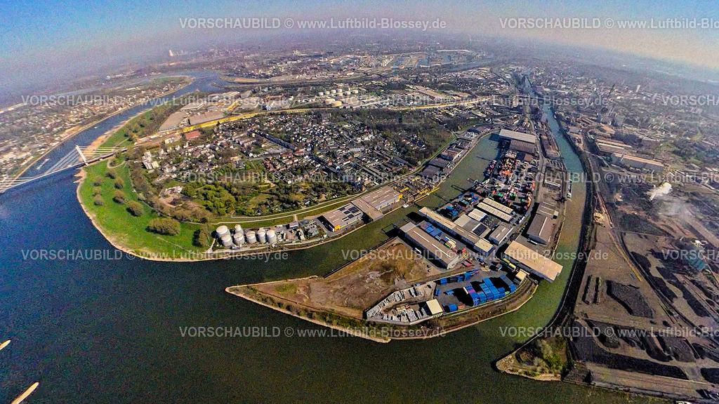 Duisburg250490030Parallelhafen | Luftbild, Neuenkamp Parallelhafen und Außenhafen, Fluss Rhein, Erdkugel, Fisheye Aufnahme, Fischaugen Aufnahme, 360 Grad Aufnahme, tiny world, little planet, fisheye Bild, Neuenkamp, Duisburg, Ruhrgebiet, Nordrhein-Westfalen, Deutschland