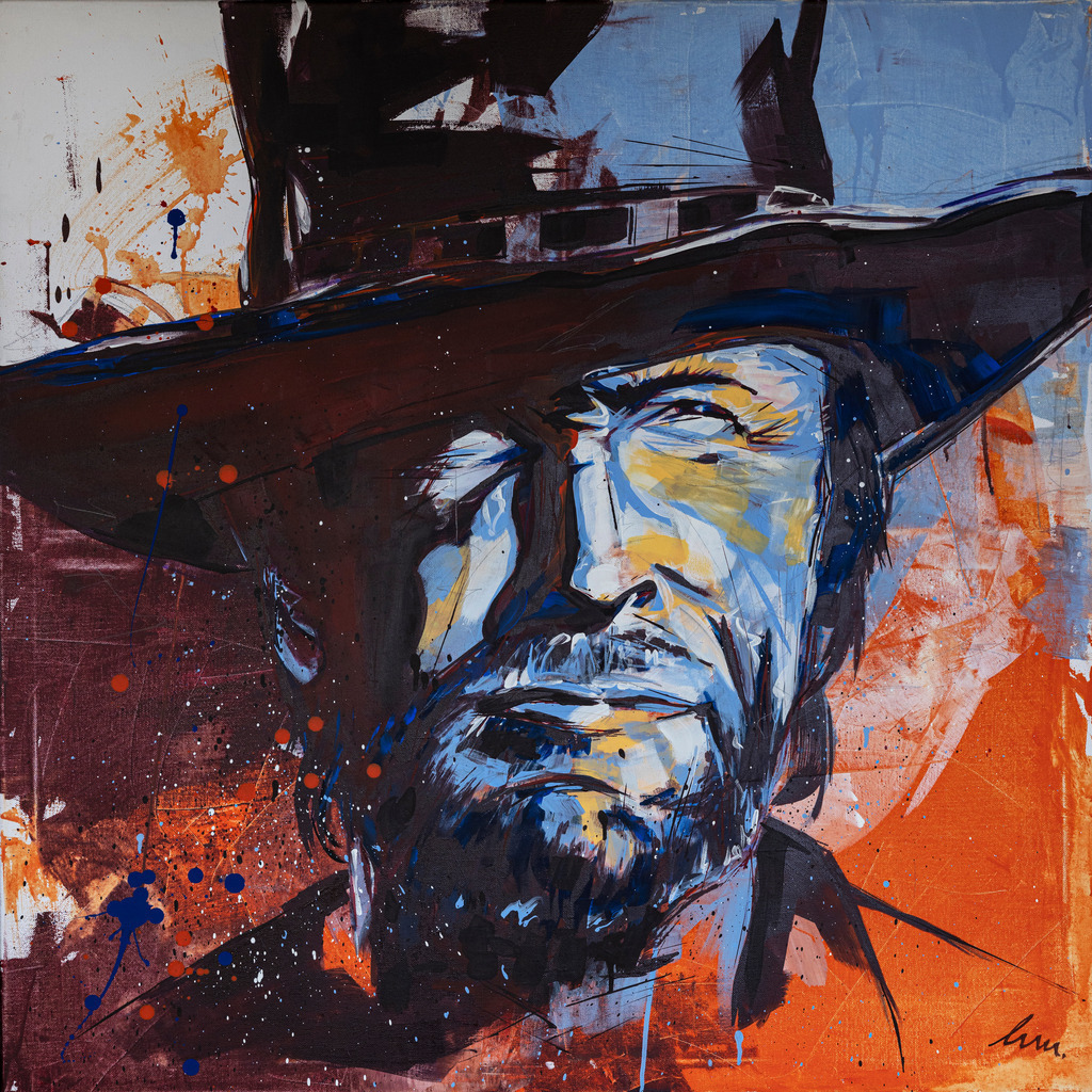 Clint Eastwood Portrait | Portait in Acryl auf Keilrahmen
Stil: poppig modern (Pinsel, Spachtel) 
im Original BxH: 100x100 cm - Realisiert mit Pictrs.com