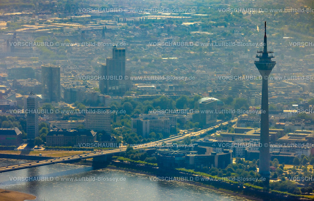 Duesseldorf220700812 | Luftbild, Landtag Nordrhein-Westfalen im Nebel, Rheinturm, Rheinkniebrücke, Hafen, Düsseldorf, Rheinland, Nordrhein-Westfalen, Deutschland