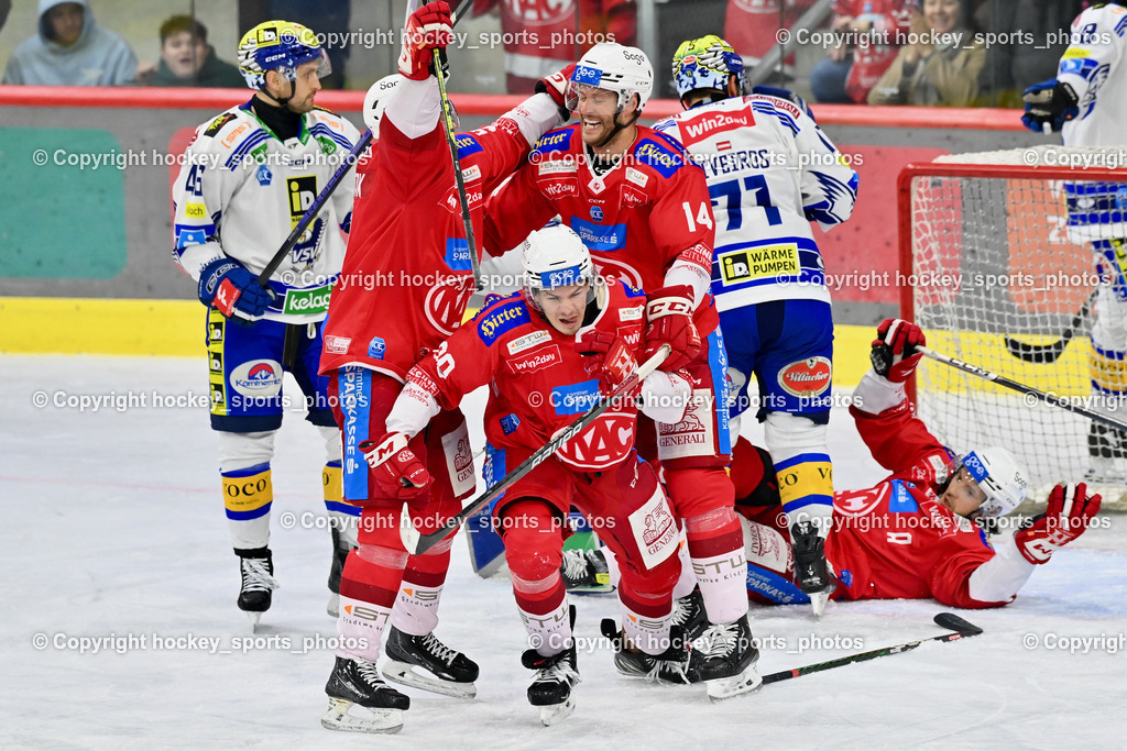 EC KAC vs. EC IDM Wärmepumpen VSV 5.11.2023 | Jubel EC KAC Mannschaft, Tor EC KAC, #46 Wall Alex, #80 Kraus Nikolaus, #14 Postma Paul, #17 Ganahl Manuel