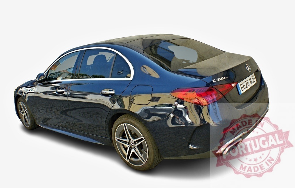 Mercedes-Benz C 300e showing its elegant and sporty design | Modern luxury sedan parked, showcasing its sleek profile and sophisticated features - Realized with Pictrs.com