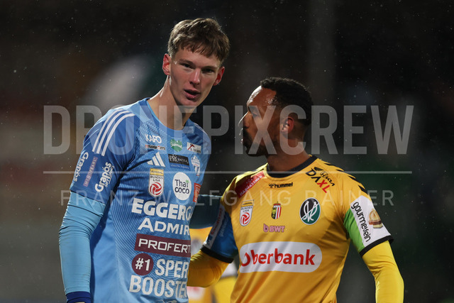 TSV Egger Glas Hartberg vs SV Oberbank Ried – Austrian Bundesliga Match | The image shows Tom Ritzy Huelsmann (Hartberg) and Saliou Sane (Ried), at the Bundesliga match TSV Hartberg vs SV Ried at Profertil Arena Hartberg. 22.11.2025