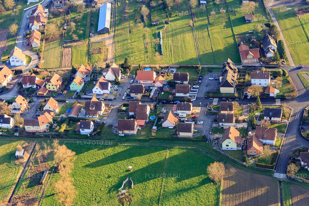 Vue aérienne: Rue de la Gare à Niederlauterbach dans le département Bas Rhin, France – .Photo: IMG_085986.jpg prise le 06/02/2016 par Werner Riehm/FLY-FOTO.eu – Résolution de l'original: 5472 x 3648 px