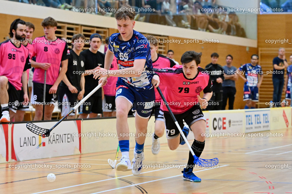 VSV Unihockey vs. Wiener Floorball Verein | #59 Nino Forelli VSV Unihockey, #79 LANGER Christopher Wiener Floorballverein, VSV Unihockey vs. Wiener Floorball Verein, VSV Unihockey vs. Wiener Floorball Verein am 18.05.2025 in Villach (Ballspielhalle St. Martin), Austria, (Photo by Bernd Stefan)