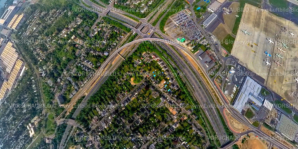 Duesseldorf240590050-B8-UeberfliegerA44_LohausenFlughafenDuesseldorf | Luftbild, Internationaler Flughafen Düsseldorf, DUS Airport, Überflieger Brücke Flughafenstraße über die Autobahn A44, Straßenkreuz Danziger Straße und Autobahn A44, Erdkugel, Fisheye Aufnahme, Fischaugen Aufnahme, 360 Grad Aufnahme, tiny world, little planet, fisheye Bild, Lohausen, Düsseldorf, Nordrhein-Westfalen, Deutschland