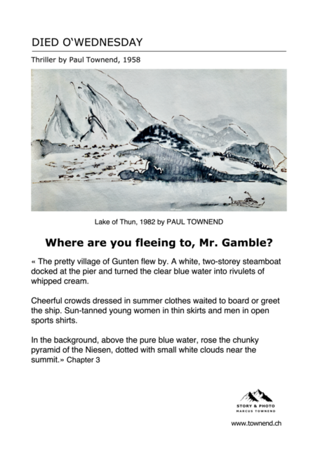 gamble E | Below the book title Died 0'Wednesday is a black-and-white sketch on Lake Thun. Below you can read the bold title of the book poster, Where are you fleeing to, Mr. Gamble?, as well as a nine-part text from the thriller by author and painter Paul Townend. - Realisiert mit Pictrs.com