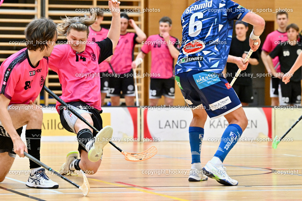 VSV Unihockey vs. Wiener Floorball Verein | #81 LAUKKANEN Jesse Wiener Floorballverein, #14 LAURILA Teo Wiener Floorballverein, #6 Timo Schmid VSV Unihockey, VSV Unihockey vs. Wiener Floorball Verein, VSV Unihockey vs. Wiener Floorball Verein am 18.05.2025 in Villach (Ballspielhalle St. Martin), Austria, (Photo by Bernd Stefan)
