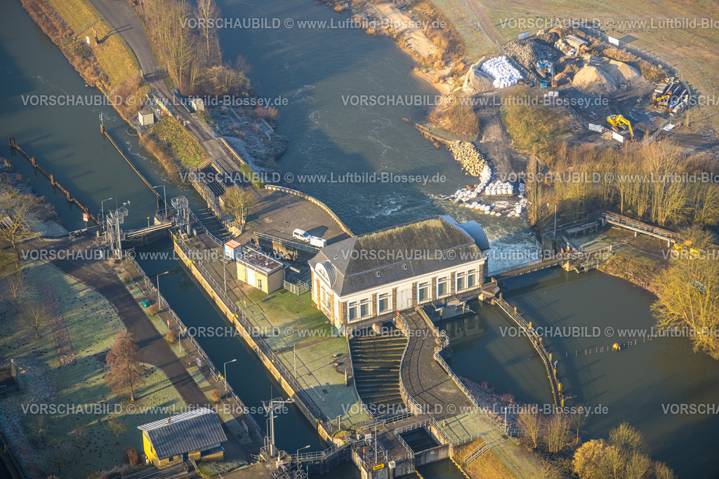 Hamm250200777Heessen | Luftbild, Schleuse Hamm mit Baustelle, Schäden an der Baustelle durch das letzte Hochwasser, Datteln-Hamm-Kanal und Fluss Lippe, Mitte, Hamm, Ruhrgebiet, Nordrhein-Westfalen, Deutschland