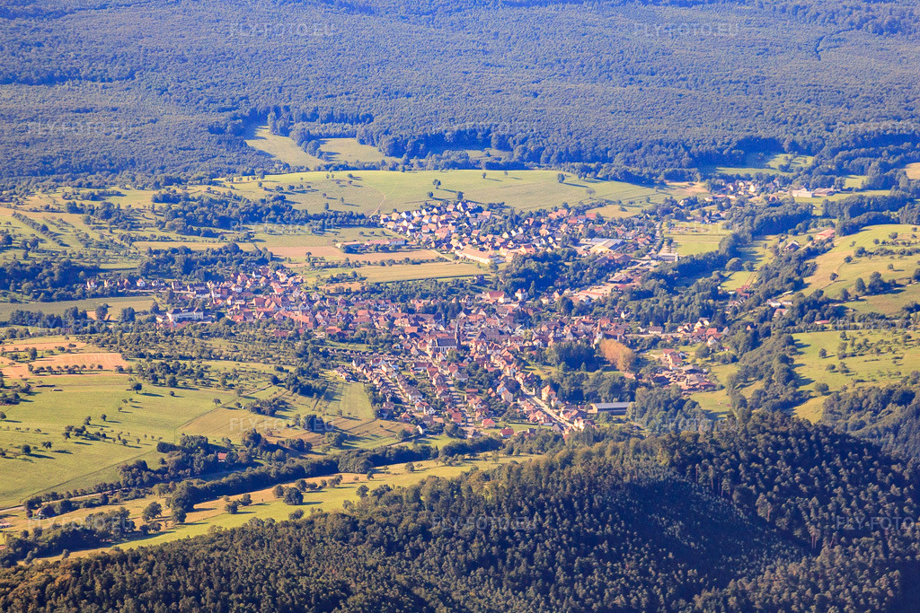 Vue aérienne: Vue de la ville depuis le nord à Lembach dans le département Bas Rhin, France – .Photo: IMG_31067.jpg prise le 07/08/2010 par Werner Riehm/FLY-FOTO.eu – Résolution de l'original: 4599 x 3066 px