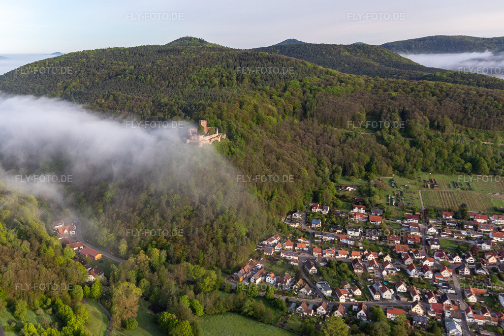 Luftbild: Ruine der ehemaligen Burganlage Burg Landeck im Morgennebel in Klingenmünster im Bundesland Rheinland-Pfalz in Deutschland. Foto: IMG_113755.jpg vom 29.04.2019 durch Werner Riehm/FLY-FOTO.de