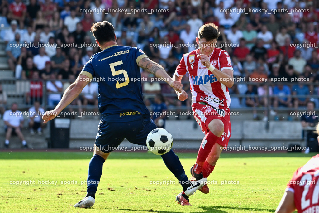 ATUS Velden vs. GAK | #5 Roland Putsche ATUS Velden, #20 Thorsten Schriebl GAK, ATUS Velden vs. GAK, ATUS Velden vs. GAK am 26.07.2024 in Villach (Stadion Lind), Austria, (Photo by Bernd Stefan)