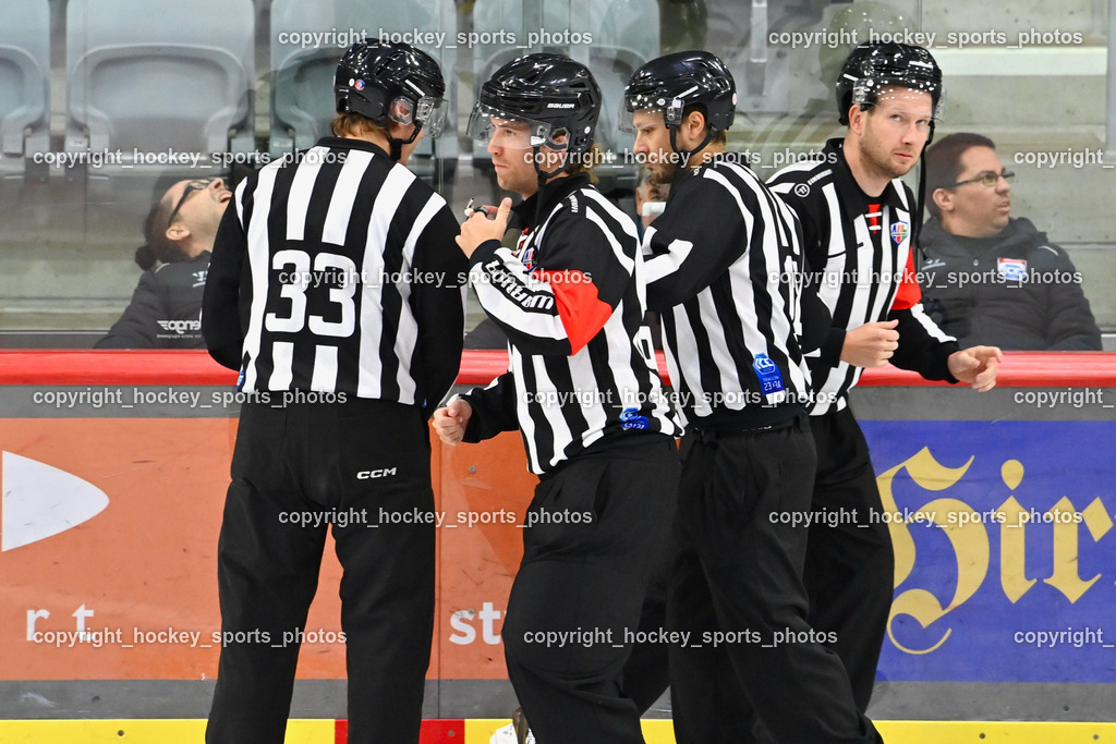 EC KAC Future Team vs. Die Adler Kitzbühl 7.10.2023 | KANYO Tamas, LEGAT Konrad, BULOVEC Miha, WENUSCH Hermann, Referees, EC KAC Future Team vs. Die Adler Kitzbühl 7.10.2023, EC KAC Future Team vs. Die Adler Kitzbühl am 07.10.2023 in Klagenfurt (Messehalle Klagenfurt), Austria, (Photo by Bernd Stefan)