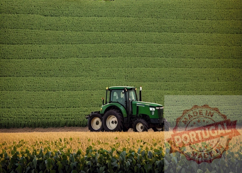 John Deere tractor driving through agricultural farmland field. AI Experiments | Green John Deere tractor cultivating crops in a rural countryside landscape - Realized with Pictrs.com