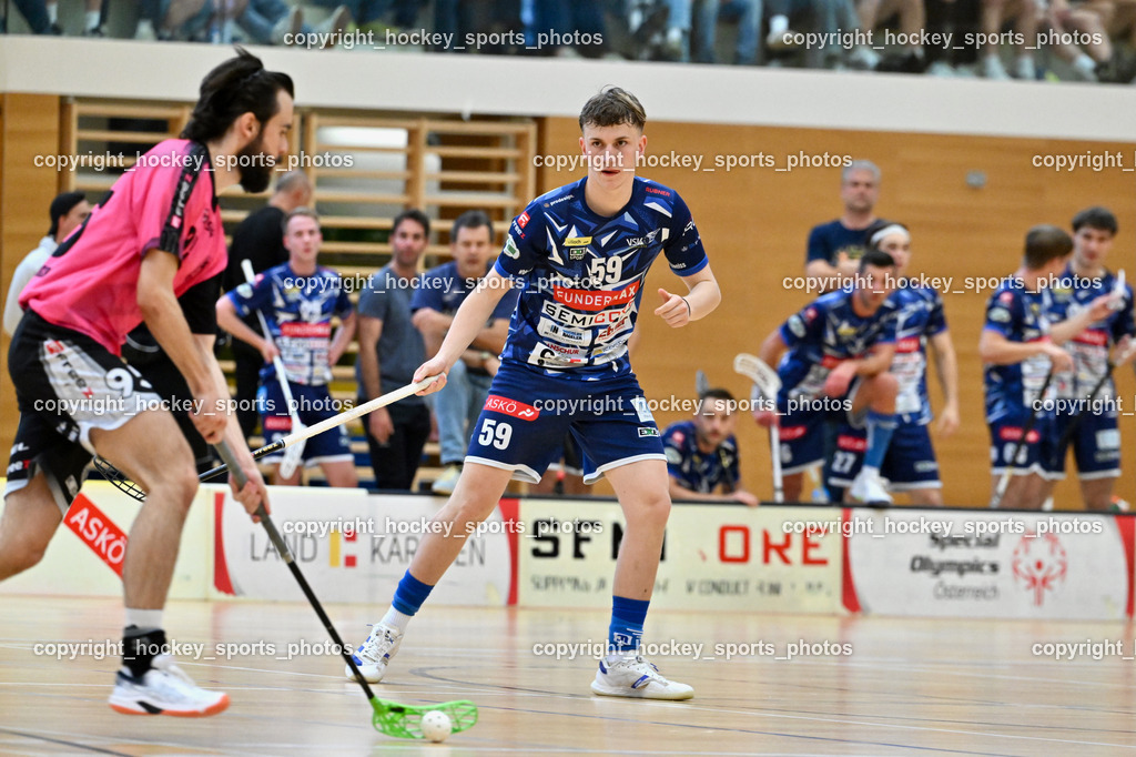 VSV Unihockey vs. Wiener Floorball Verein | #95 FELSBERGER Niklas Wiener Floorballverein, #59 Nino Forelli VSV Unihockey, VSV Unihockey vs. Wiener Floorball Verein, VSV Unihockey vs. Wiener Floorball Verein am 18.05.2025 in Villach (Ballspielhalle St. Martin), Austria, (Photo by Bernd Stefan)