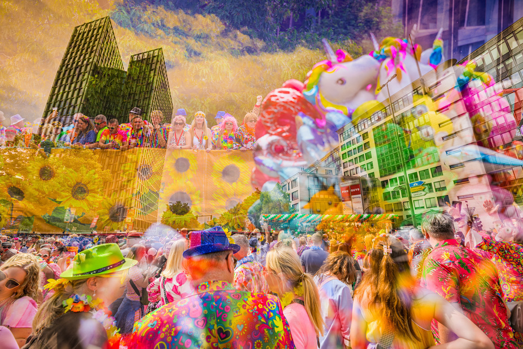 Schlagermove Hamburg | Zuschauer feiern beim Schlagermove Hamburg ausgelassen am Millerntorplatz/Eingang Reeperbahn. Die Collage von dem Event lässt durch Farbfreude und Detailreichtum die mitreißende Musik spüren. - Realisiert mit Pictrs.com