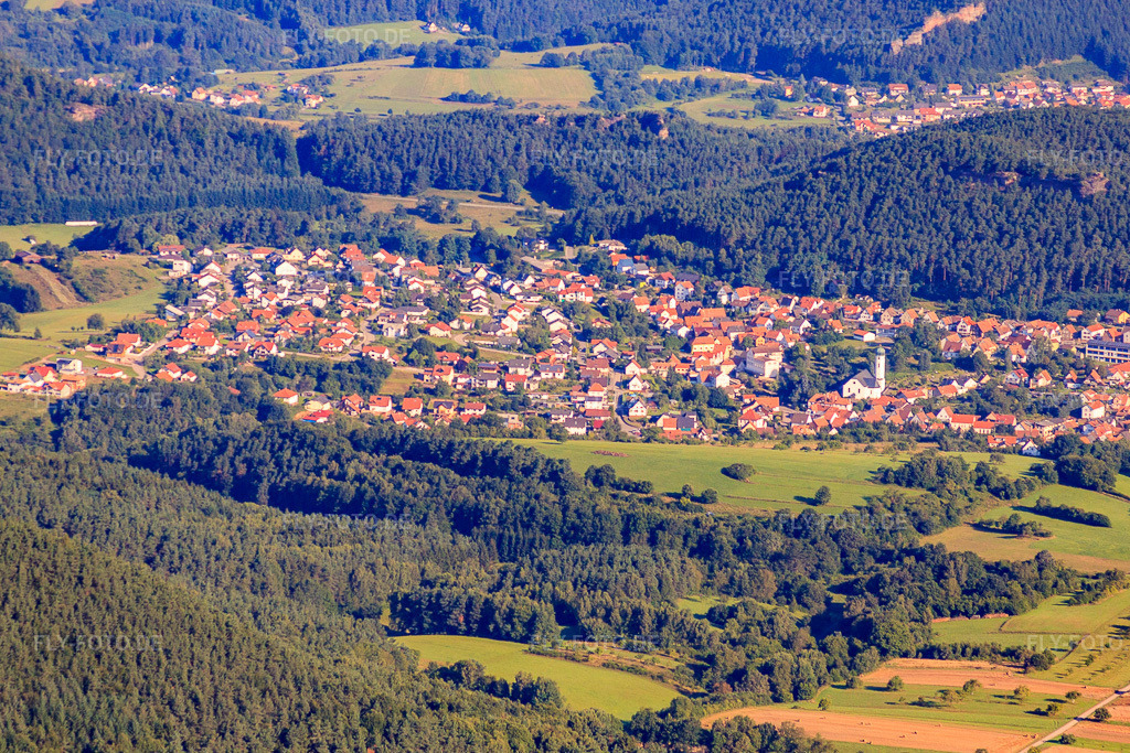 Luftbild: Dorf im Pfälzerwald von Südosten in Busenberg im Bundesland Rheinland-Pfalz in Deutschland. Foto: IMG_31026.jpg vom 07.08.2010 durch Werner Riehm/FLY-FOTO.de