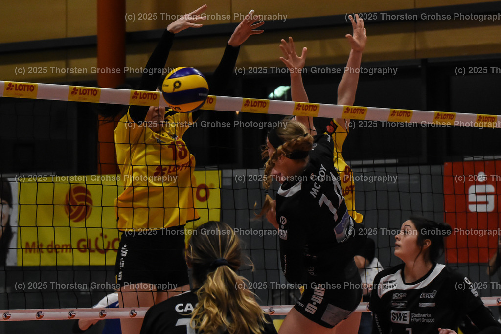 VBL VFB Suhl vs. SCHWARZ-WEISS Erfurt | (VFB Suhl) in Gelb, (Schwarz-Weiss Erfurt) in Schwarz; VBL VFB Suhl vs. SCHWARZ-WEISS Erfurt, Volleyball-Bundesliga Frauen am 17.02.2018 in der Multihalle in Meiningen, (Deutschland) - Realisiert mit Pictrs.com