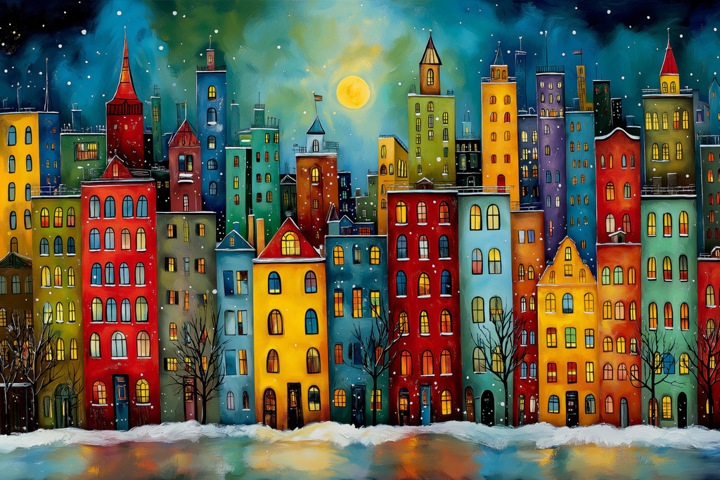 2605027 - Bunte Winternacht | Das Bild zeigt eine eng bebaute Häuserzeile in einer fantastisch-bunten Architektur unter einem leuchtenden Vollmond. Jedes Gebäude besticht durch eine eigene, kräftige Farbe und individuelle Fensterformen, die ein warmes, einladendes Licht ausstrahlen.