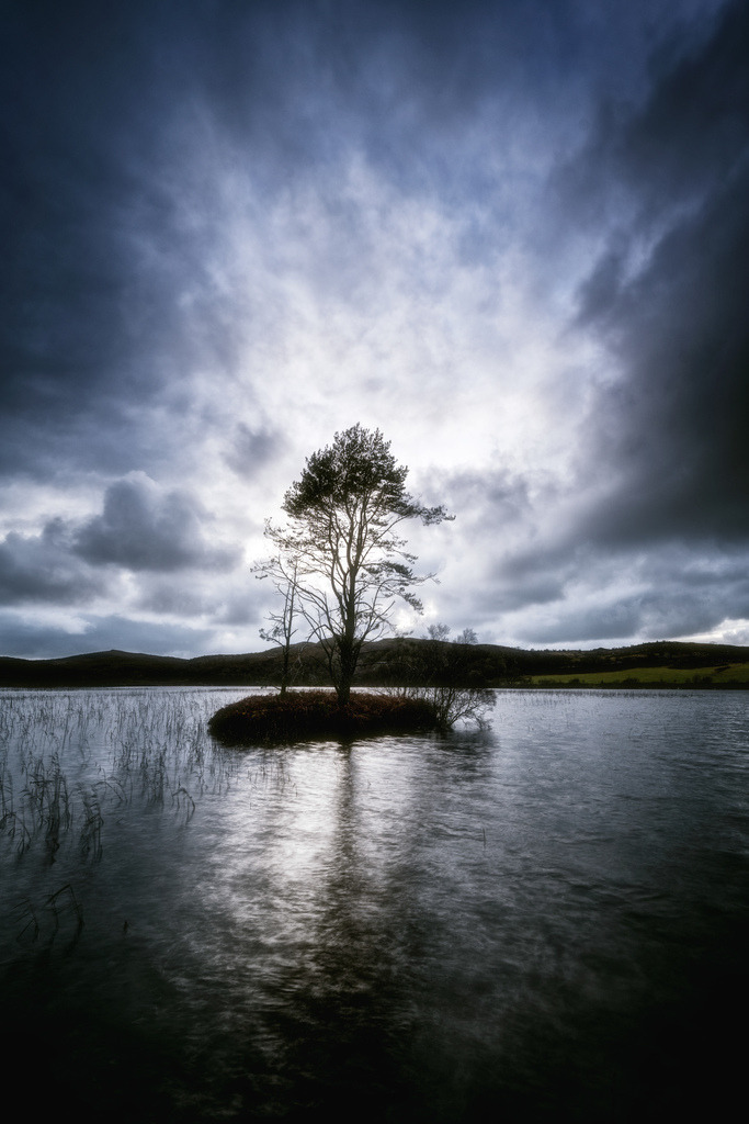 Loch Bad a' Chrotha | Ein einzelner Baum steht auf einer kleinen Insel in einem schottischen Loch, dessen ruhige Wasseroberfläche den hellen Himmel widerspiegelt. Der Baum ist vor einem dramatischen, wolkenverhangenen Himmel als Silhouette dargestellt, wobei das Gegenlicht eine starke visuelle Wirkung erzeugt. Die Langzeitbelichtung glättet das Wasser und betont die ruhige, aber kraftvolle Naturlandschaft. - Realisiert mit Pictrs.com