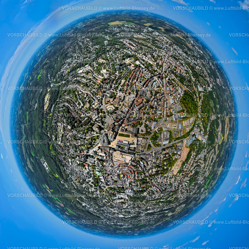 Luedenscheid250813907 | Luftbild, City Innenstadtansicht mit Rathaus und Rathausplatz, Erdkugel, Fisheye Aufnahme, Fischaugen Aufnahme, 360 Grad Aufnahme, tiny world, little planet, fisheye Bild, Lüdenscheid-Stadt, Lüdenscheid, Sauerland, Nordrhein-Westfalen, Deutschland