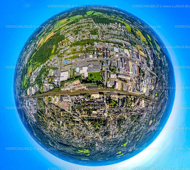 Schwelm240890761GewerbegebietLoherstrasse | Luftbild, Gewerbegebiet Loherstraße, Bahnhof Schwelm, Erdkugel, Fisheye Aufnahme, Fischaugen Aufnahme, 360 Grad Aufnahme, tiny world, little planet, fisheye Bild, , Schwelm, Ruhrgebiet, Nordrhein-Westfalen, Deutschland