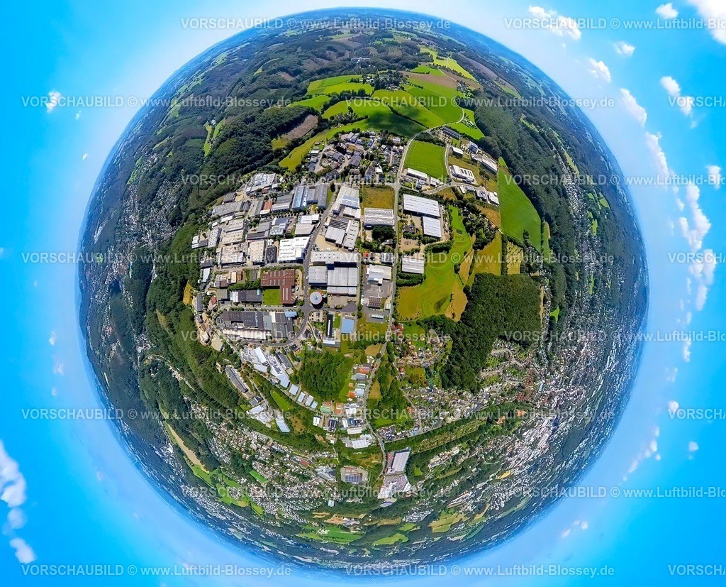 Ennepetal230890024 Gewerbegebiet Oelkinghausen | Luftbild, Gewerbegebiet Oelkinghausen, Erdkugel, Fisheye Aufnahme, Fischaugen Aufnahme, 360 Grad Aufnahme, Oelkinghausen, Ennepetal, Ruhrgebiet, Nordrhein-Westfalen, Deutschland