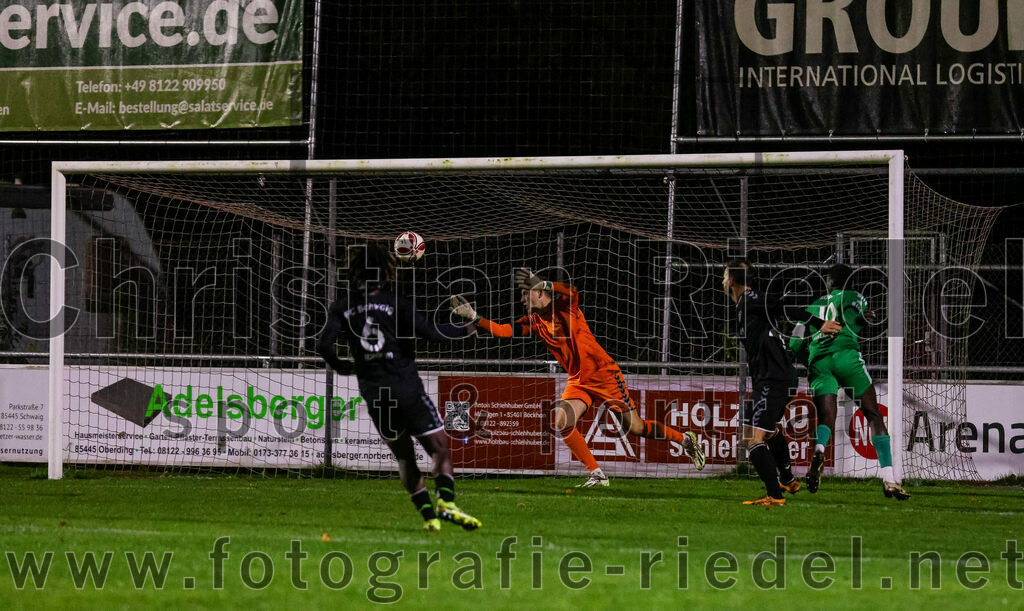2023-11-03_066_FC_Schwaig_gegen_TuS_Holzkirchen | Oberding, Deutschland, 03.11.2023:
Fußball, Landesliga Südost 2023 / 2024, 19. Spieltag, FC Schwaig gegen TuS Holzkirchen, Endergebnis: 4:1

Bilal Ibrahim (FC Schwaig, #6), Torwart Franz Hornof (FC Schwaig, #1), Nils Ehret (FC Schwaig, #25), Christopher Korkor (TuS Holzkirchen, #10)

Foto: Christian Riedel / fotografie-riedel.net