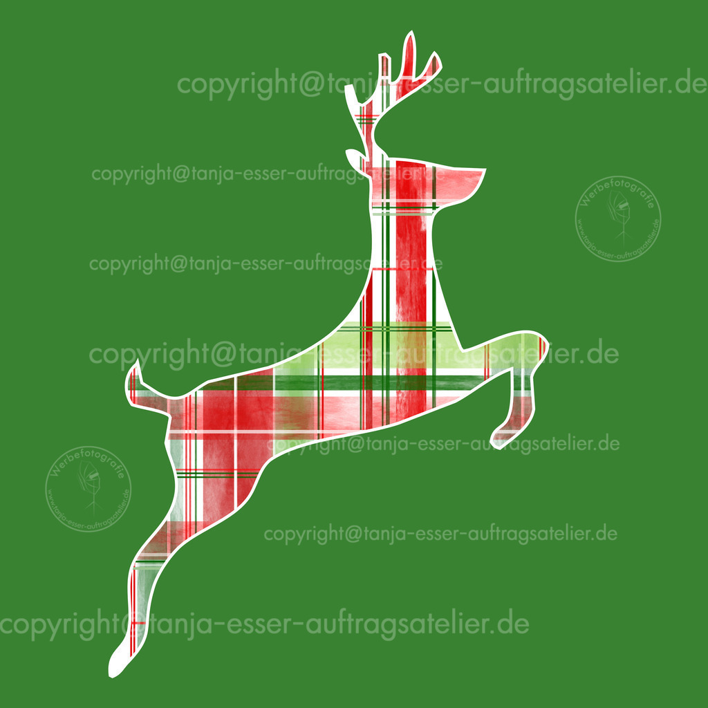 Springender Hirsch mit Schottenkaro D | Eine Silhouette eines jungen springenden Hirsches ist ausgefüllt mit rot grünem Schotten Karo Muster. Weihnachtliche Dekoration. Grüner Hintergrund.
