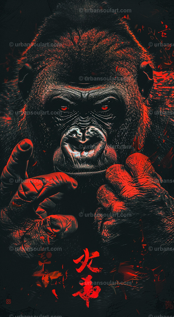 No Evil Gorilla | A powerful, dark-toned portrait of a gorilla with an intense expression, capturing the raw strength and wisdom of this majestic animal. Ideal for animal art enthusiasts, adding a bold and dramatic statement to any decor. - Realisiert mit Pictrs.com