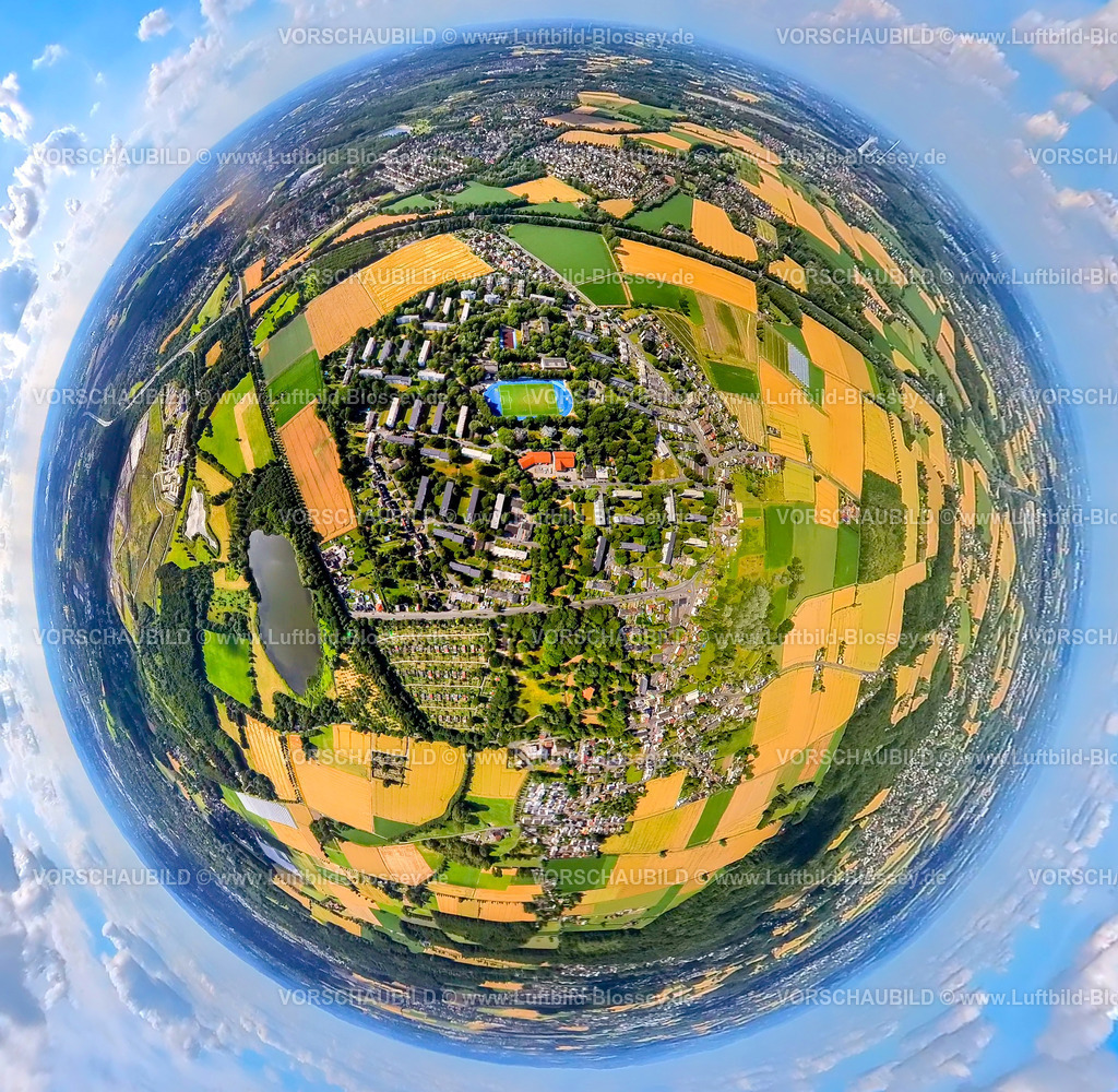 Dortmund230790049_Kurl | Luftbild, Orstansicht Ortsteil Lanstrop, Wohnen und Leben, Erdkugel, Fisheye Aufnahme, Fischaugen Aufnahme, 360 Grad Aufnahme, tiny world, Lanstrop, Dortmund, Ruhrgebiet, Nordrhein-Westfalen, Deutschland