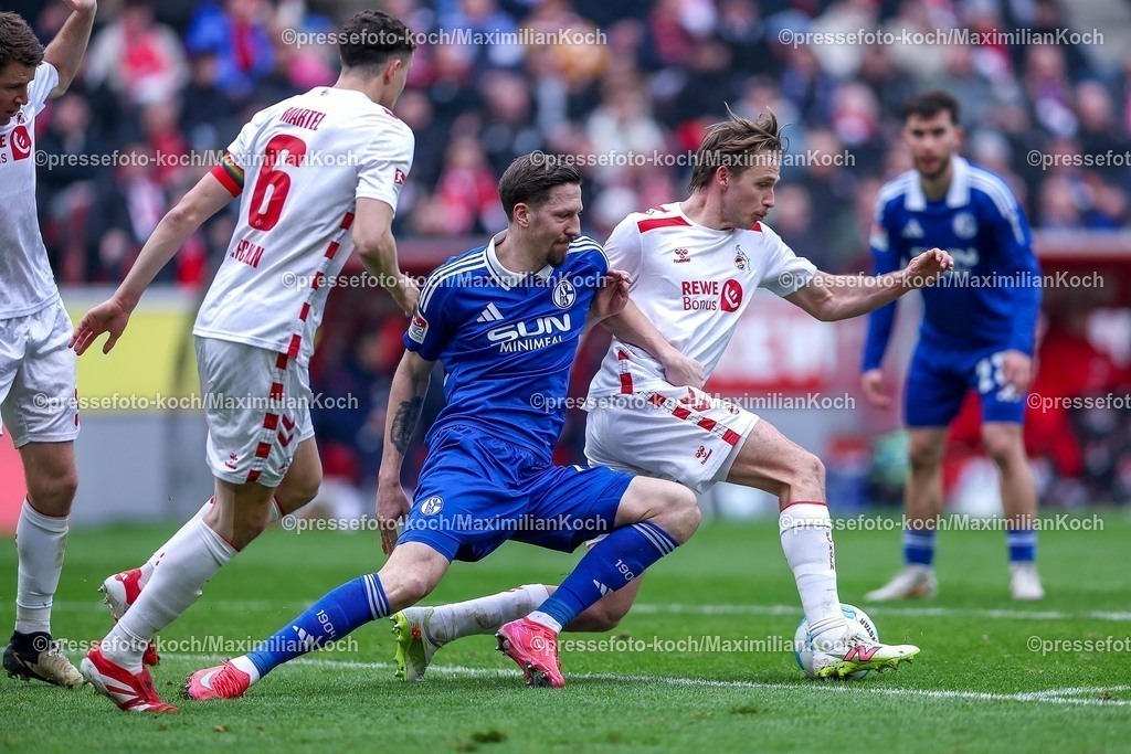 1FC09022501037 | 09.02.2025, Fußball, 1. FC Köln - FC Schalke 04, 2.. Fußball Bundesliga, 21. Spieltag, RheinEnergie-STADION, Saison 2024 2025: Janik Bachmann (S04 #14) im Zweikampf gegen Eric Martel (FC Köln #6) und Mathias Olesen (FC Köln #47)DFB regulations prohibit any use of photographs as image sequences and or quasi-video.