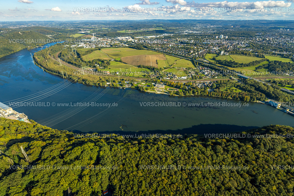 Hagen241005746 | Luftbild, Hengsteysee und Hagen Boele, Bahngleise Hagen und Autobahn A1, Strandhaus Salitos Beach Hengsteysee mit Freibad Südufer, Fernsicht und blauer Himmel mit Wolken, Boele, Hagen, Ruhrgebiet, Nordrhein-Westfalen, Deutschland