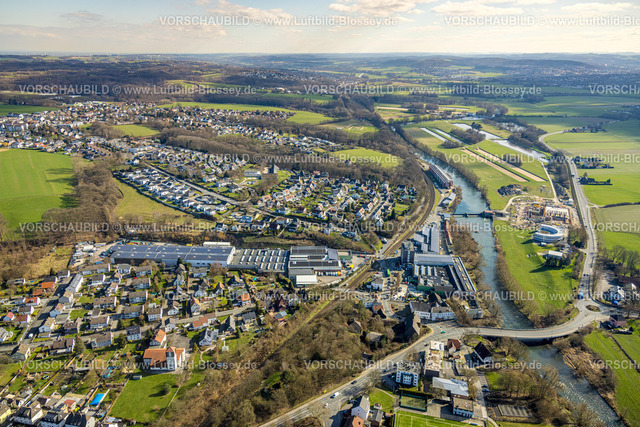 Froendenberg230213870 | Luftbild, Ortsansicht Langschede, Wasserwerke Westfalen GmbH und Laufwasserkraftwerk Langschede am Fluss Ruhr, Baustelle und Neubau, Wasserwrk Halingen, Halingen, Menden, Ruhrgebiet, Nordrhein-Westfalen, Deutschland