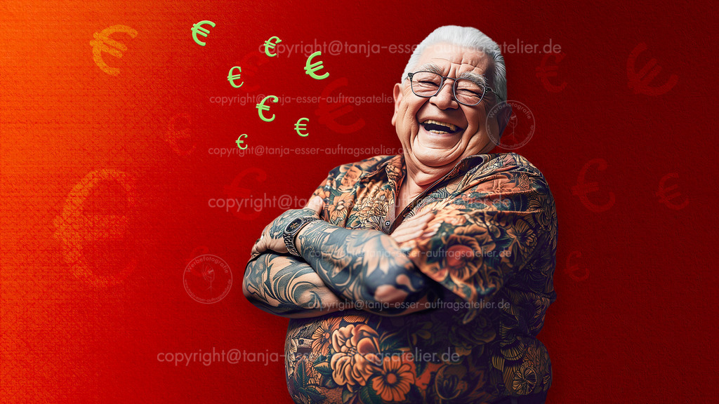 Opa Euro D | Fotorealistisches KI Bild: Lustiges Bild mit einem 70 jährigen tätowierten Mann, der lacht und hält sich den Bauch. Der mollige Senior hat Geld eingenommen. Er steht vor rotem Hintergrund mit Euro Zeichen.