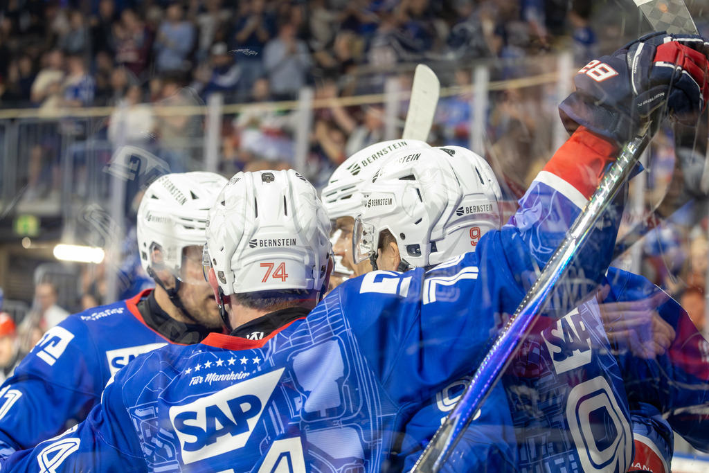 DEL, Deutsche Eishockey Liga Saison 2025/26, Playoff-Halbfinale, Spiel 5: Adler Mannheim gegen Red Bull München | DEL, Deutsche Eishockey Liga Saison 2025/26, Playoff-Halbfinale, Spiel 5: Adler Mannheim gegen Red Bull München***Jubel und Erleichterung bei den Adlern nach dem 2:1-Führungstreffer - Realisiert mit Pictrs.com